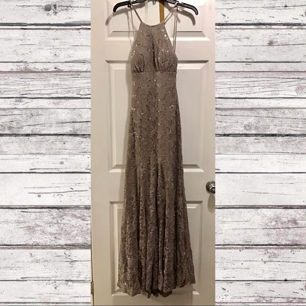 Taupe Prom Dress with Lace and Beading